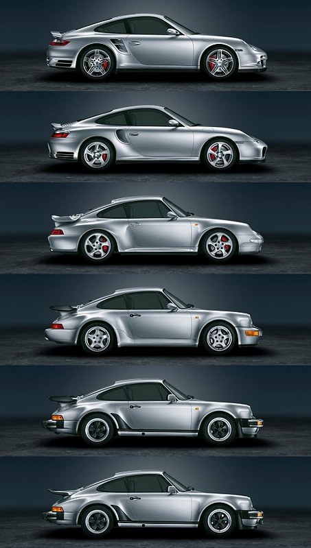 picture of all different porsche 911 generations from the 930 to the 997